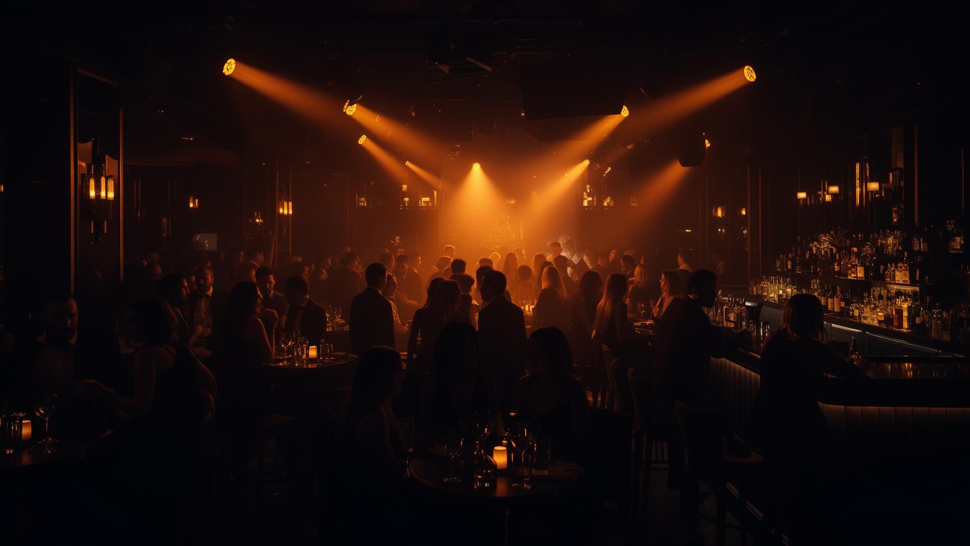 Premium nightclub interior with amber stage lighting and guests at VIP tables