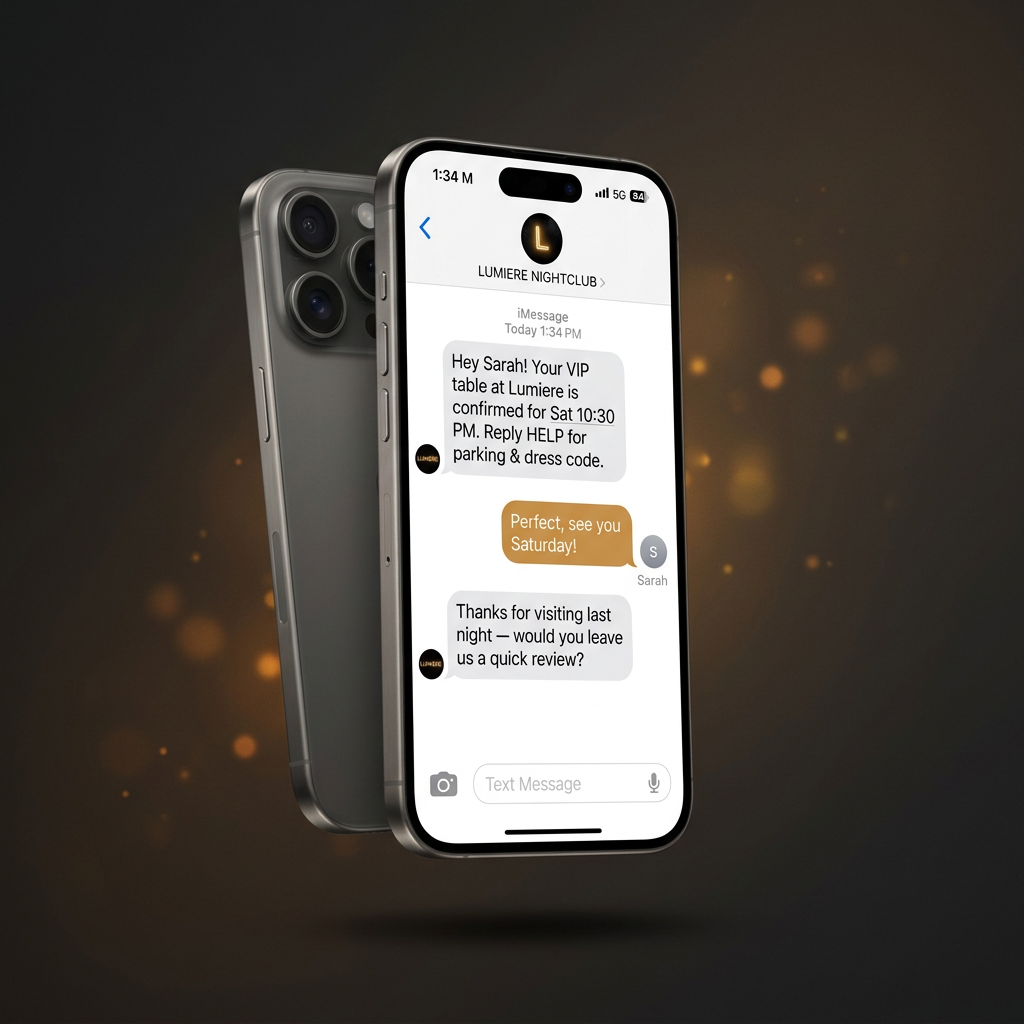 iPhone mockup showing automated SMS conversation between a nightclub and a guest confirming a VIP table reservation