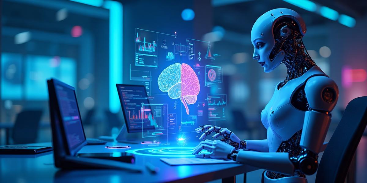 AI and automation transforming business operations with robotic arms and digital interfaces